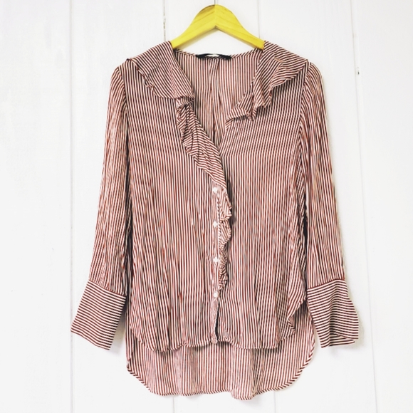 Zara Tops - Zara, red, ruffle, striped, blouse, spring